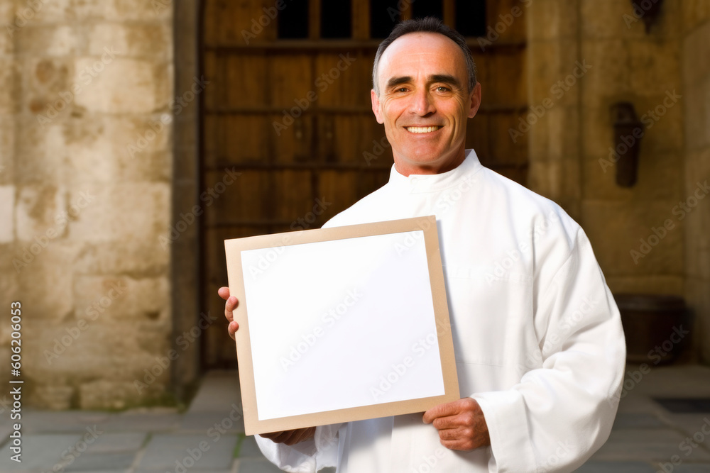 Portrait of a catholic priest holding a blank placard.