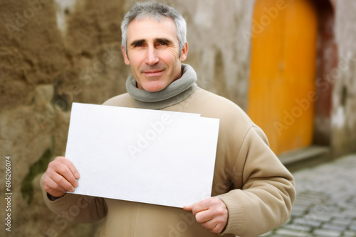 Portrait of mature man holding blank sheet of paper in the street