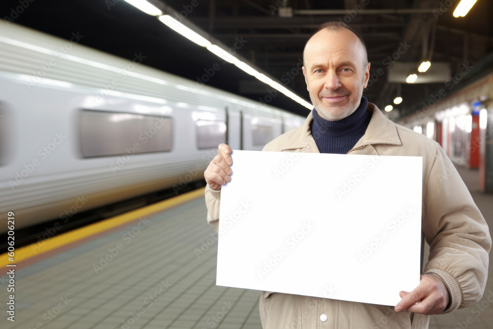 Mature man holding blank sheet of paper at train station, smiling Mature man holding blank sheet of paper at train station, smiling