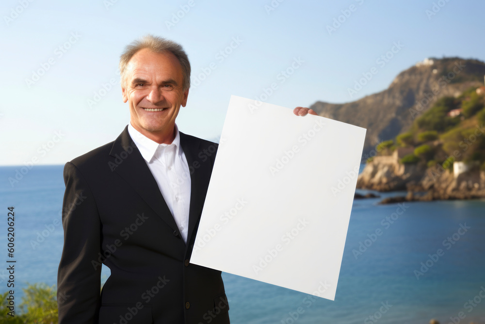 Portrait of a senior businessman holding a blank sheet of paper outdoors Portrait of a senior businessman holding a blank sheet of paper outdoors