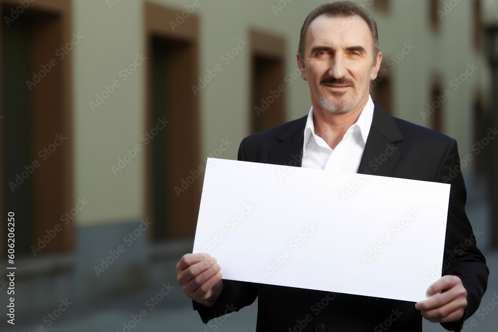 Portrait of a mature businessman holding a blank sheet of paper outdoors Portrait of a mature businessman holding a blank sheet of paper outdoors