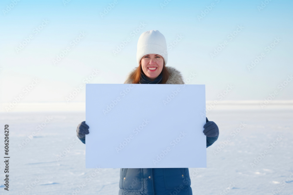 Smiling woman holding a white sheet of paper on a frozen lake Smiling woman holding a white sheet of paper on a frozen lake