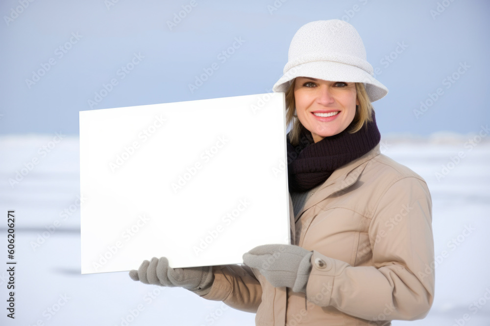 Smiling woman holding a white sheet of paper in front of her Smiling woman holding a white sheet of paper in front of her