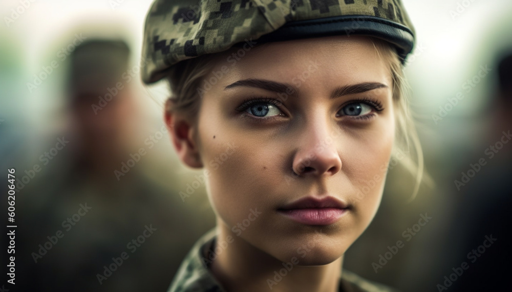 Confident young woman in military uniform outdoors generated by AI Confident young woman in military uniform outdoors generated by AI