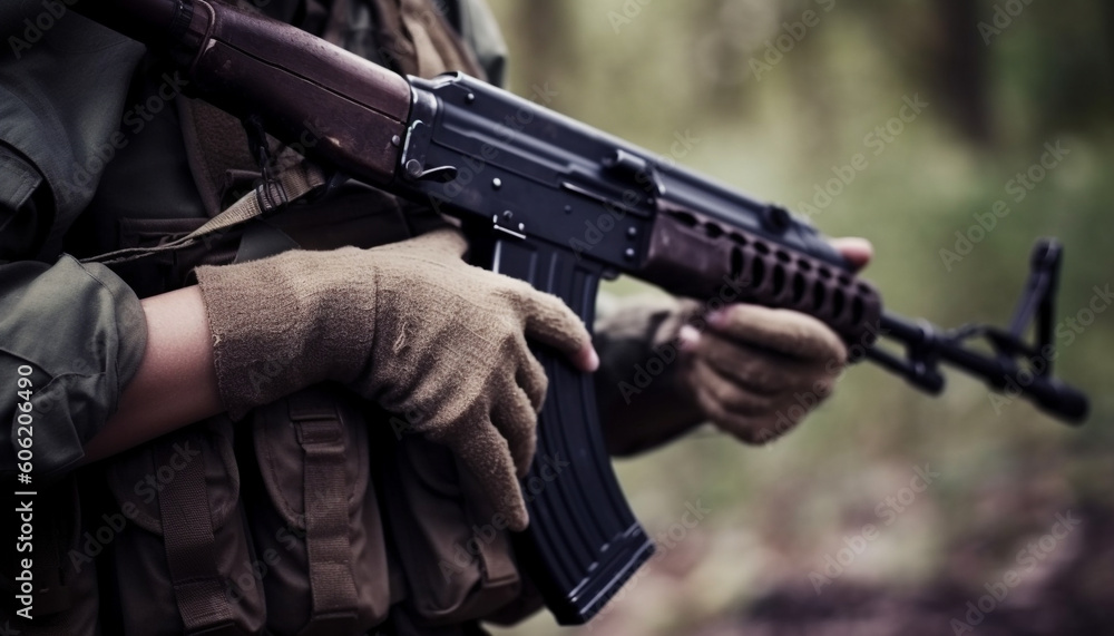 Special forces sniper aiming rifle in forest generated by AI