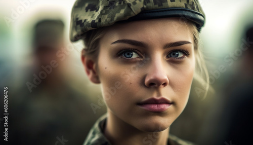 Confident young woman in military uniform outdoors generated by AI