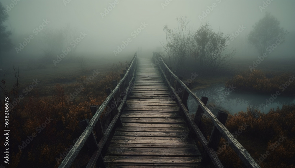 Fototapeta premium Tranquil foggy forest, mysterious beauty in nature generated by AI