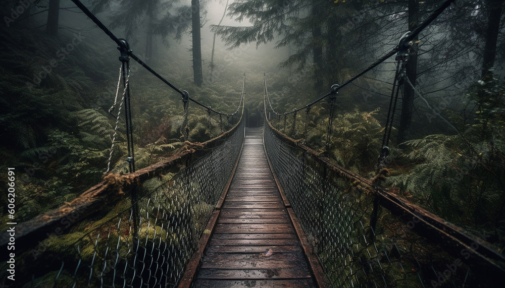Obraz premium Walking on footbridge, surrounded by tropical rainforest generated by AI