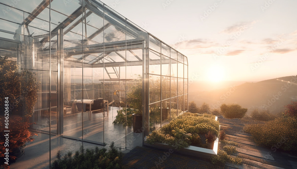 Modern greenhouse with glass walls and roof generated by AI