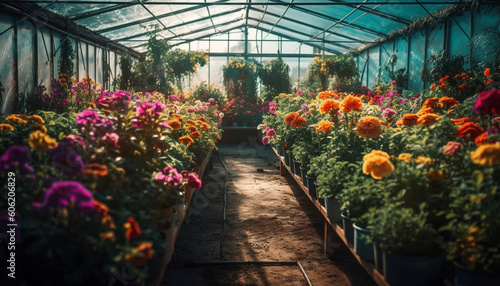 Fresh flowers bloom in vibrant greenhouse garden generated by AI