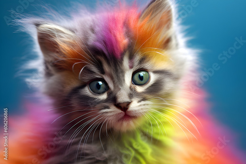 Cute tabby kitten with rainbow fur portrait studio shot