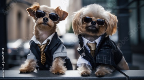 Two small dogs dressed up in suits and sunglasses. AI generative image.