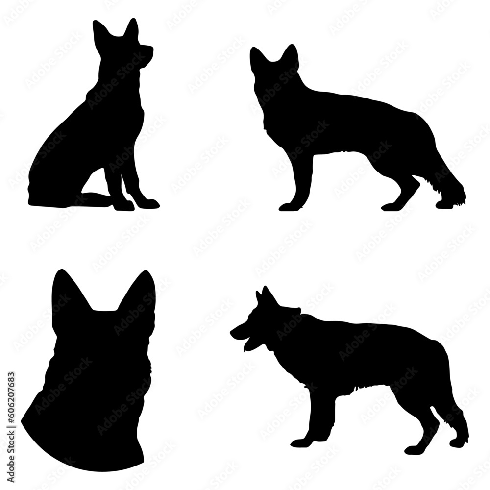 German shepherd dog silhouettes set. Four different poses.