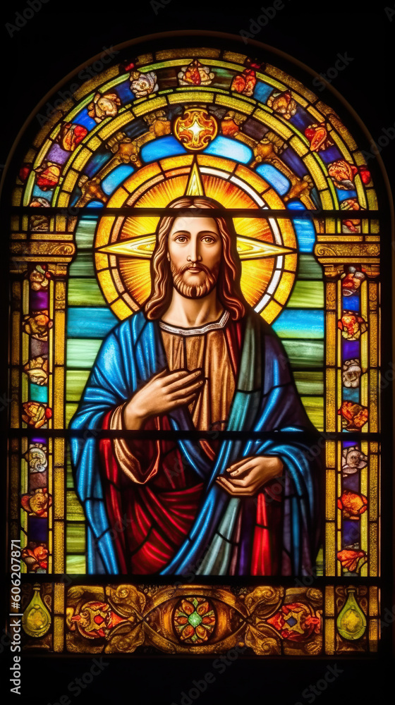 Fototapeta premium a beautiful stained glass window of Jesus Christ. Vibrant colors. Modern design. AI generated image.