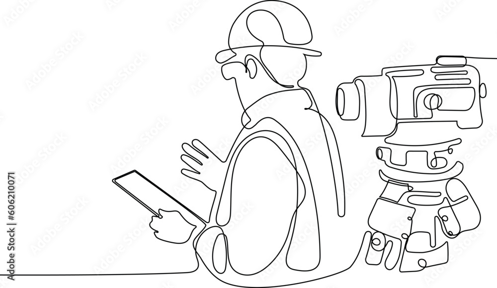 Close up of Caucasian worker with helmet on head using tablet for work while standing in warehouse. Surveyor with a tripod icon. Geodesic tripod. Vector illustration