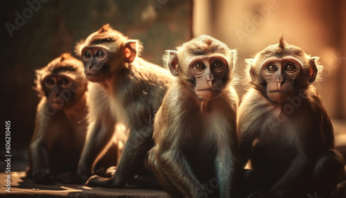 Small cute macaque family sitting in forest generated by AI