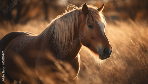 Stallion Mane Grazing in Tranquil Meadow Sunset generated by AI