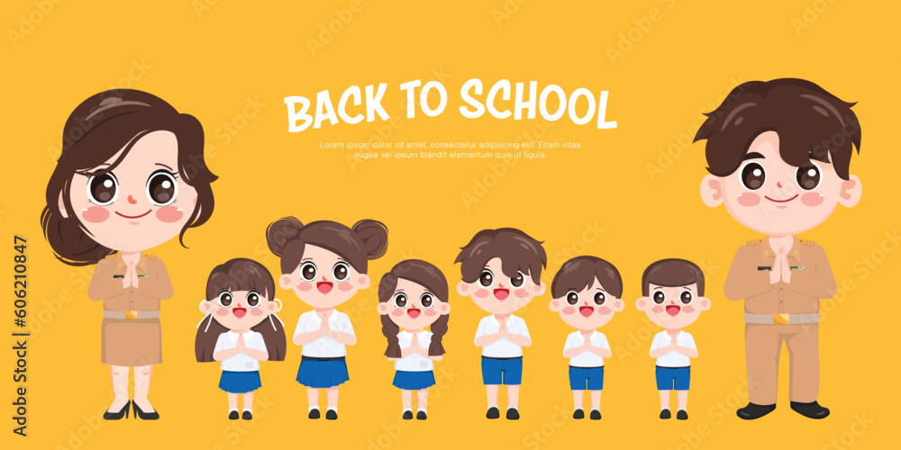 Group of Thai student and Thai teacher greeting with namaste character pose. Bangkok Thailand new normal wearing facemask and stay safe. Cartoon kid vector design. Group of Thai student and Thai teacher greeting with namaste character pose. Bangkok Thailand new normal wearing facemask and stay safe. Cartoon kid vector design.