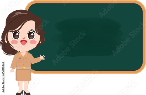 Cute cartoon thai teacher in uniform teaching in the classroom.