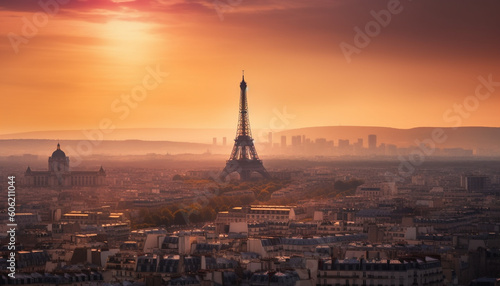 Sunset illuminates famous city skyline  a romantic view generated by AI