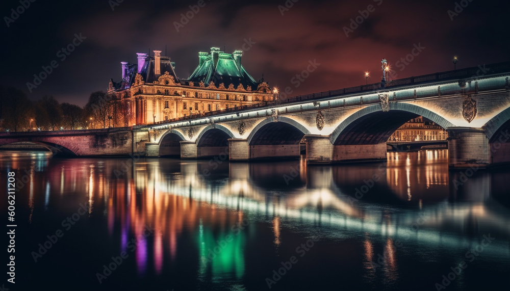 Illuminated bridge reflects city history and architecture generated by AI