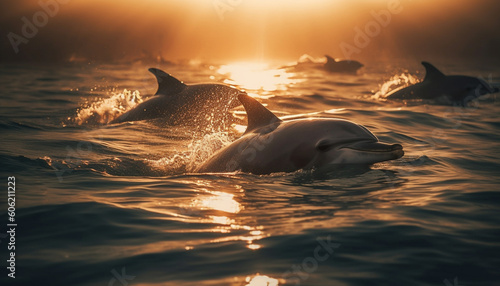 Playful bottle nosed dolphin splashing in tranquil sea generated by AI