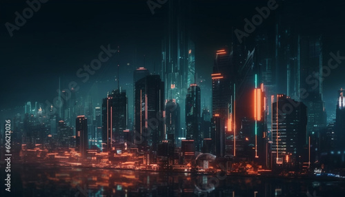 Futuristic skyscrapers illuminate the modern city skyline generated by AI