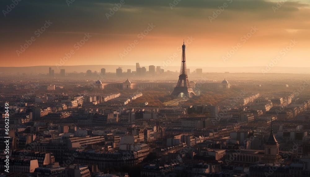Sunset illuminates famous city skyline, panoramic and breathtaking generated by AI