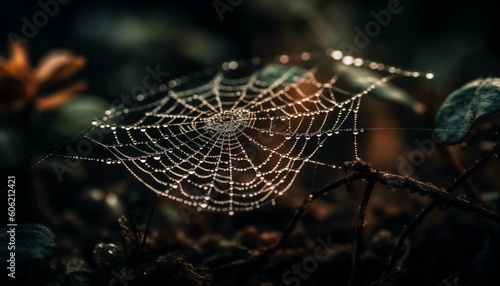 Spider web glistens with dew in autumn generated by AI