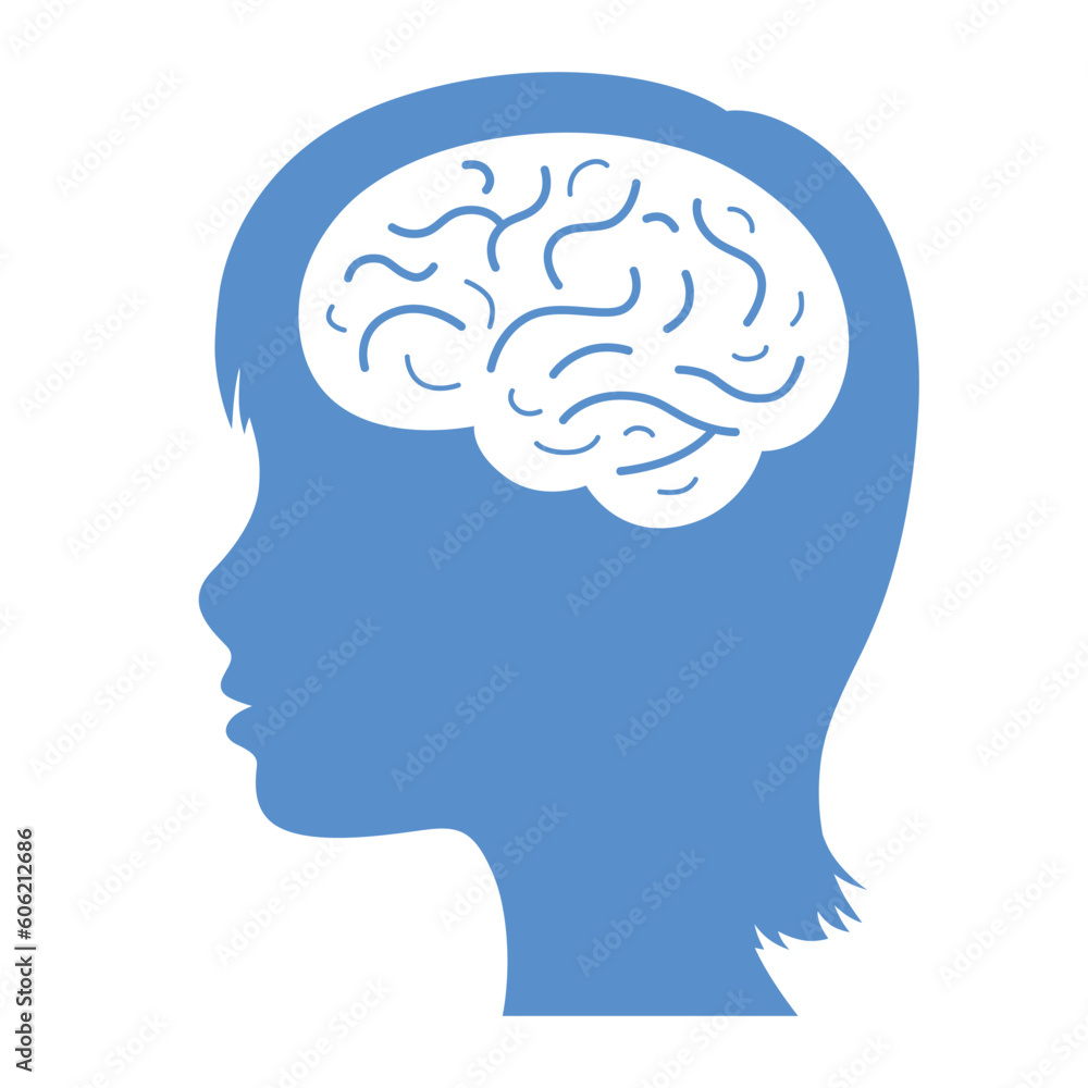Woman head with brain silhouette icon Woman head with brain silhouette icon