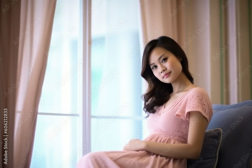 Beautiful pregnant Asian woman touching her belly waiting for baby, generative ai