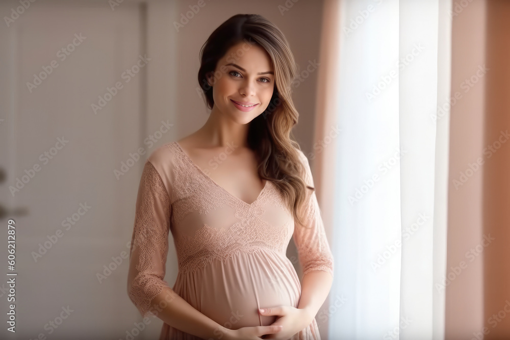 Beautiful pregnant woman touching her belly waiting for baby, generative ai Beautiful pregnant woman touching her belly waiting for baby, generative ai