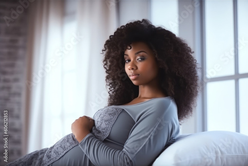 Beautiful pregnant African American woman touching her belly waiting for baby, generative ai