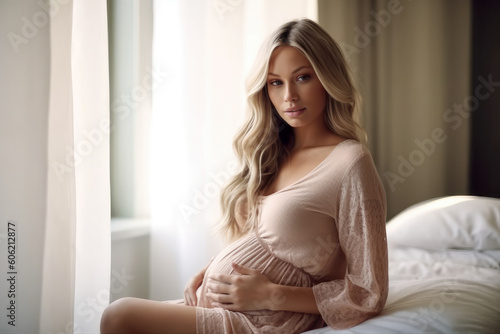 Beautiful pregnant blonde woman touching her belly waiting for baby, generative ai