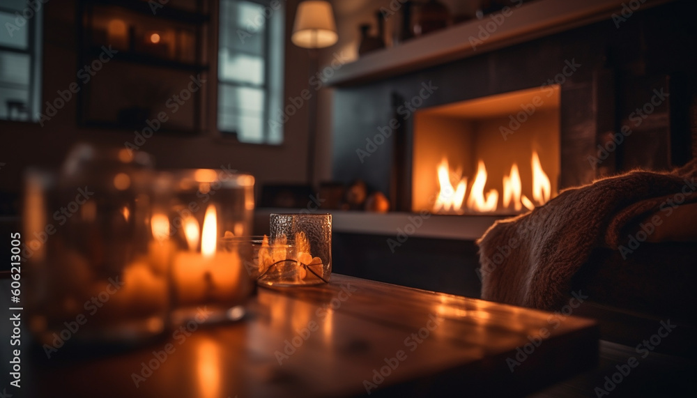 Glowing candle illuminates cozy winter home interior generated by AI Glowing candle illuminates cozy winter home interior generated by AI