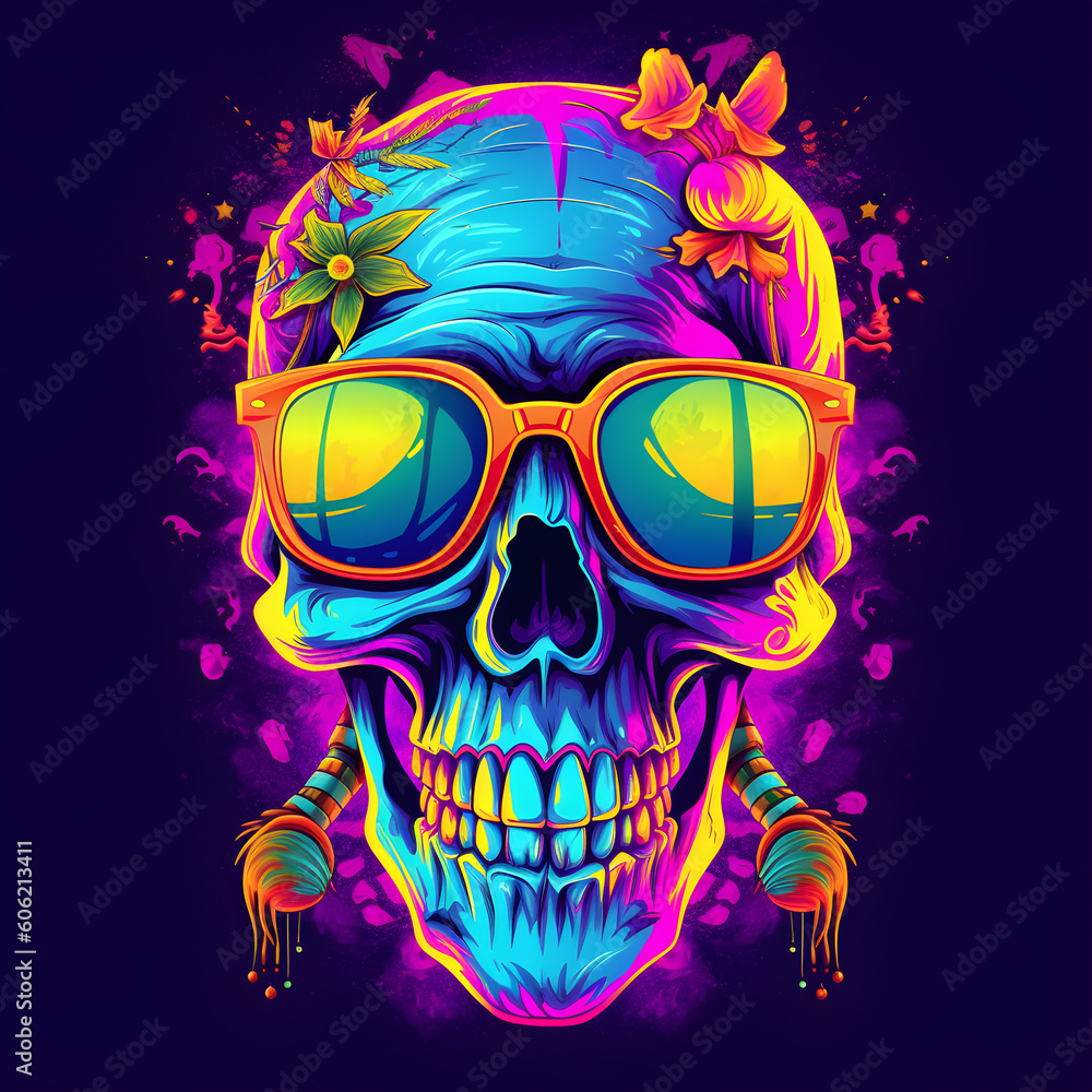 neon colored skull illustration, t-shirt print, generative AI neon colored skull illustration, t-shirt print, generative AI