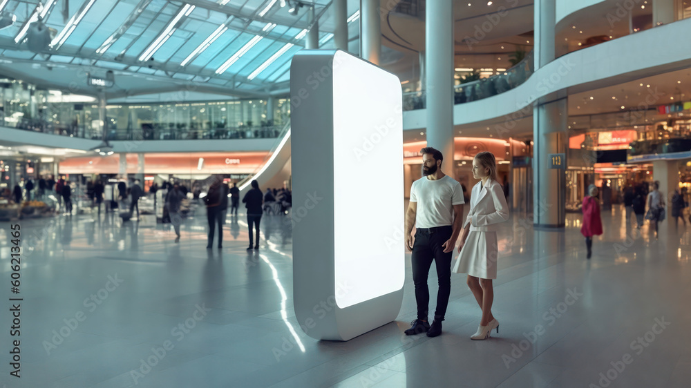 a couple man and a woman standing in-front of a big white mockup blank screen at a shopping mall or center - Generative AI