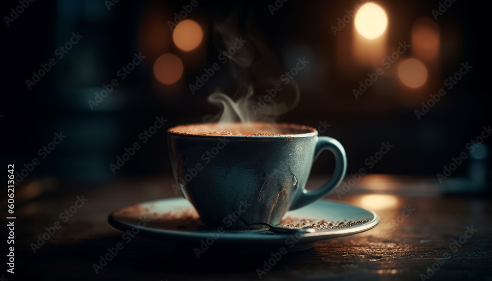 Fresh cappuccino on rustic wood table, steam rising generated by AI Fresh cappuccino on rustic wood table, steam rising generated by AI