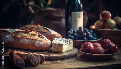 Rustic still life bread, wine, cheese, grapes generated by AI