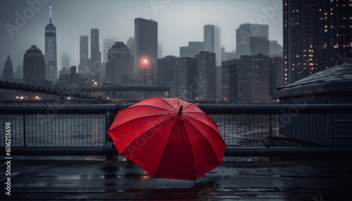 Lonely businessman walks in rain under skyscraper generated by AI
