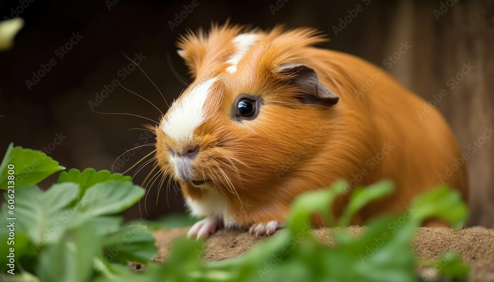 Fluffy guinea pig eating grass in meadow generated by AI Fluffy guinea pig eating grass in meadow generated by AI