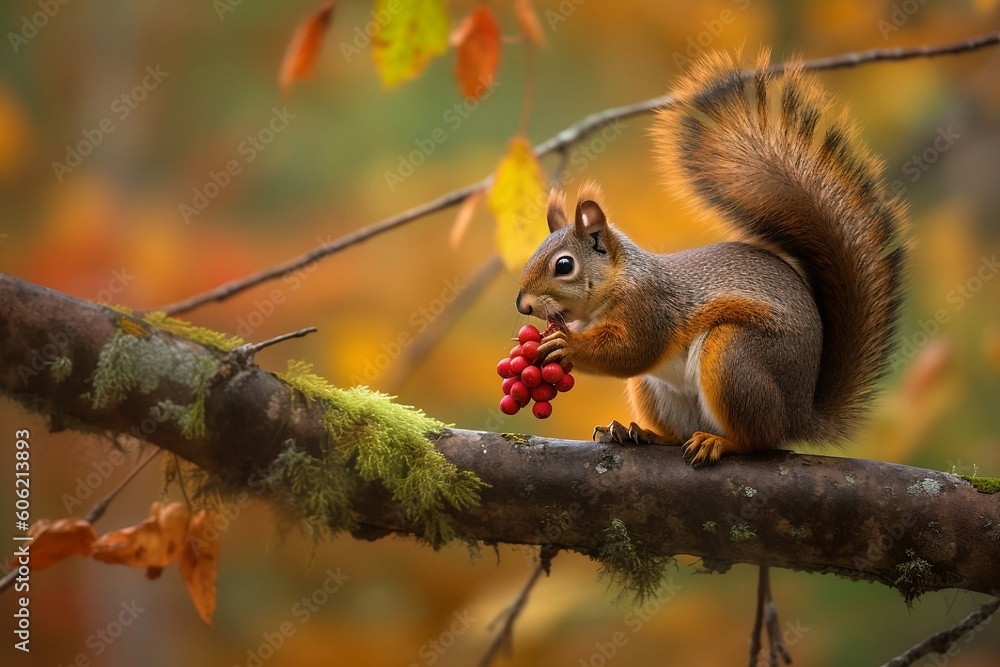 AI Generated Image of a playful squirrel nibbling on berries, perched on a tree branch overlooking a forest in fall colors AI Generated Image of a playful squirrel nibbling on berries, perched on a tree branch overlooking a forest in fall colors