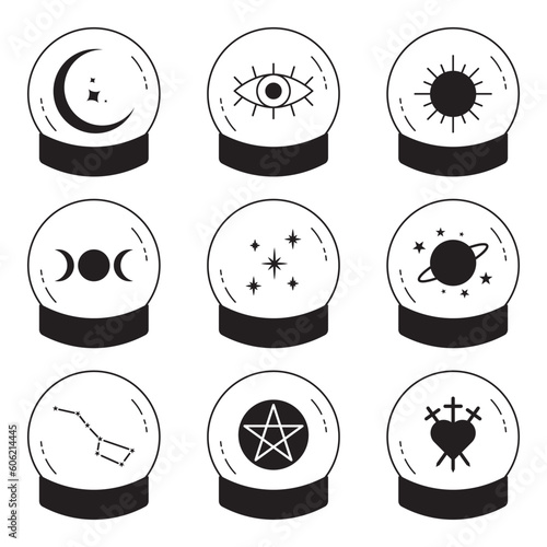 Vector illustrations of crystal balls with various witchy occult symbols