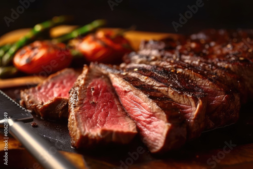 Juicy Angus steak or sirloin steak grilled over hot coals, sliced rare on a wooden board. Generative AI.