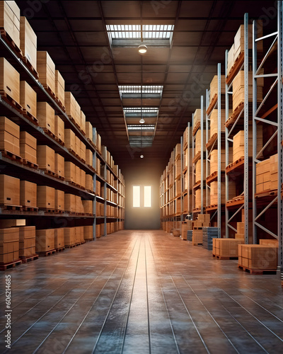 huge warehouse with racks to the ceiling lined with cardboard boxes, generative ai