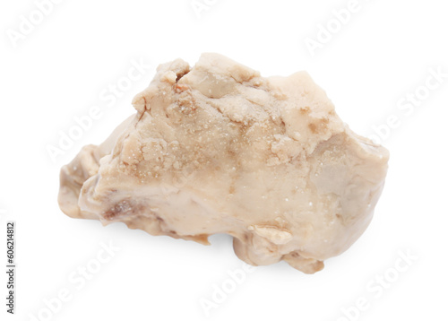 Piece of tasty cod liver on white background, top view