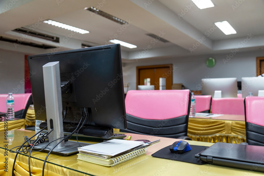 Computer and monitor in room before the seminar, empty seminar room, education Computer and monitor in room before the seminar, empty seminar room, education