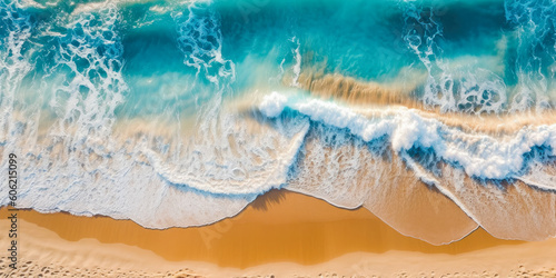 Ocean waves on the beach as a wallpaper background. Beautiful natural summer vacation holidays background. Top down view of beach and sea with blue water waves. Generative AI