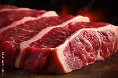 Fresh raw angus meat for barbecue on the grill, rump steak, on top of wooden board, close-up. Generative AI.