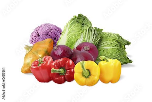 Many different fresh vegetables on white background